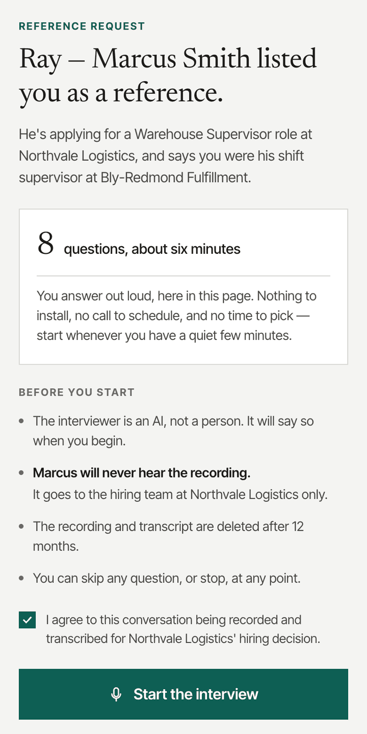 The reference invitation screen, stating that the interviewer is an AI, not a person, that the candidate will never hear the recording, and that it is deleted after twelve months, above a consent checkbox and a Start the interview button.