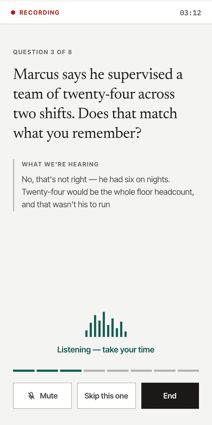 The live interview screen, showing a recording indicator, the current question about the candidate's team size, and the reference's answer appearing under the heading What we're hearing.